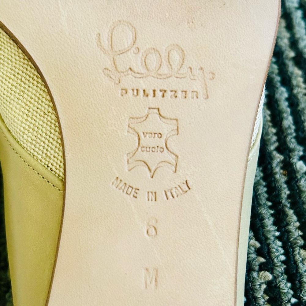 Lilly Pulitzer Natual Linen Lucky Flowers Pointed Toe Kitten Heel Mules size 6 M - Picture 10 of 15
